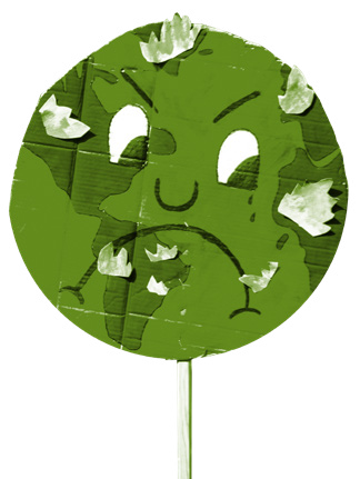 Cartoonish Earth protest sign with a sad and angry face, depicted with environmental damage or fires, symbolizing global distress.
