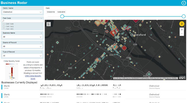 Screenshot of the Business Radar interface showing a map of Chelmsford with data points indicating crime severity, along with filters for district, date, business name, and source.