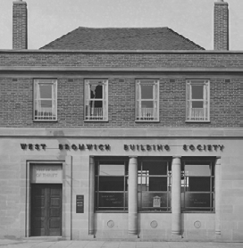 Black and white photograph of the West Bromwich Building Society building facade.