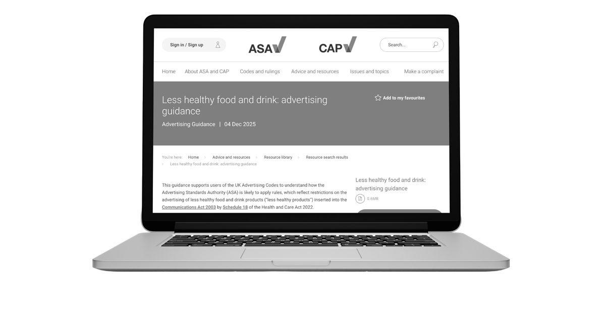Screenshot of a laptop displaying the ASA website with "Less healthy food and drink: advertising guidance" content.