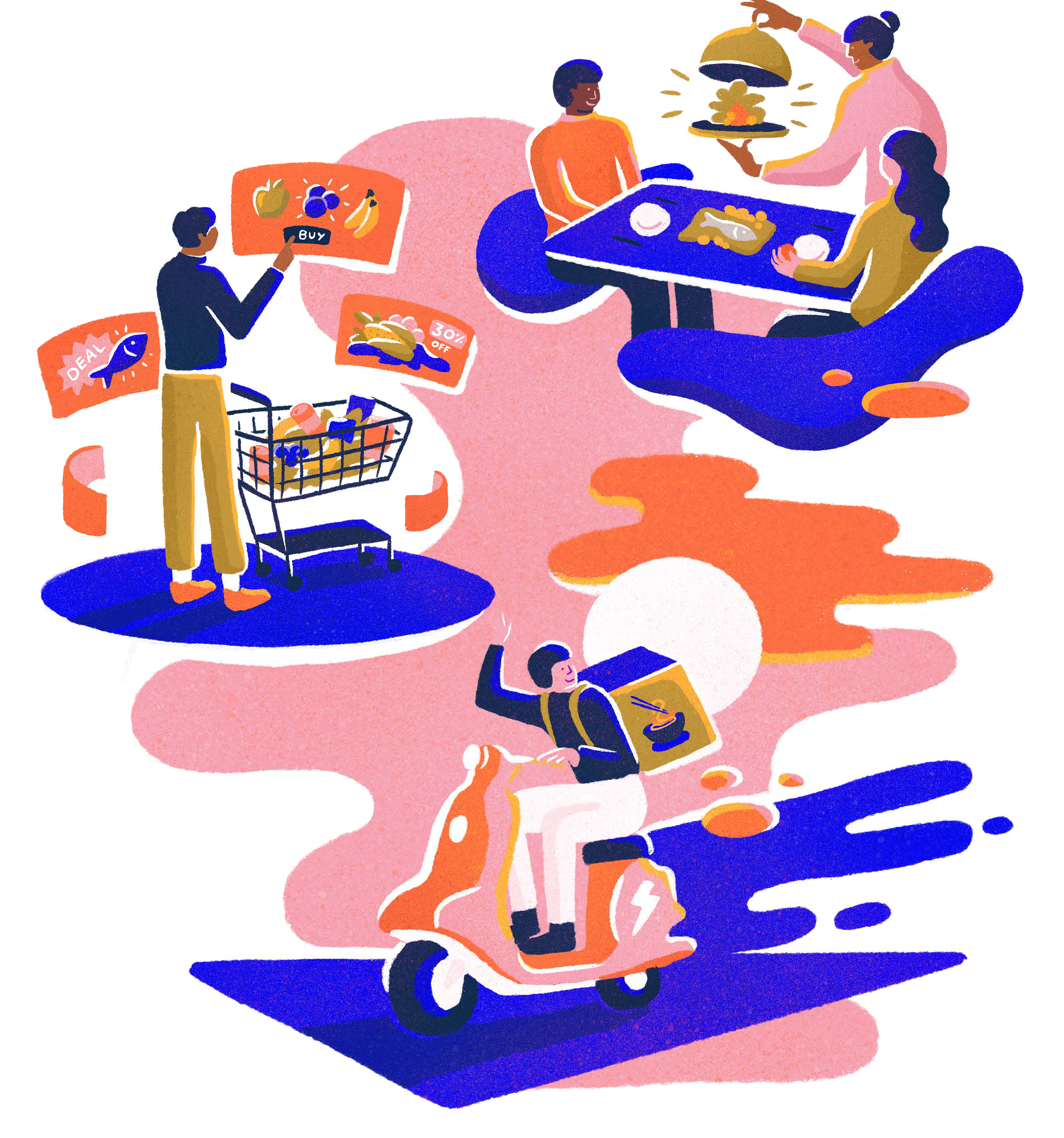 A composite illustration showing various service activities: online shopping, restaurant dining, and a food delivery person on a scooter.