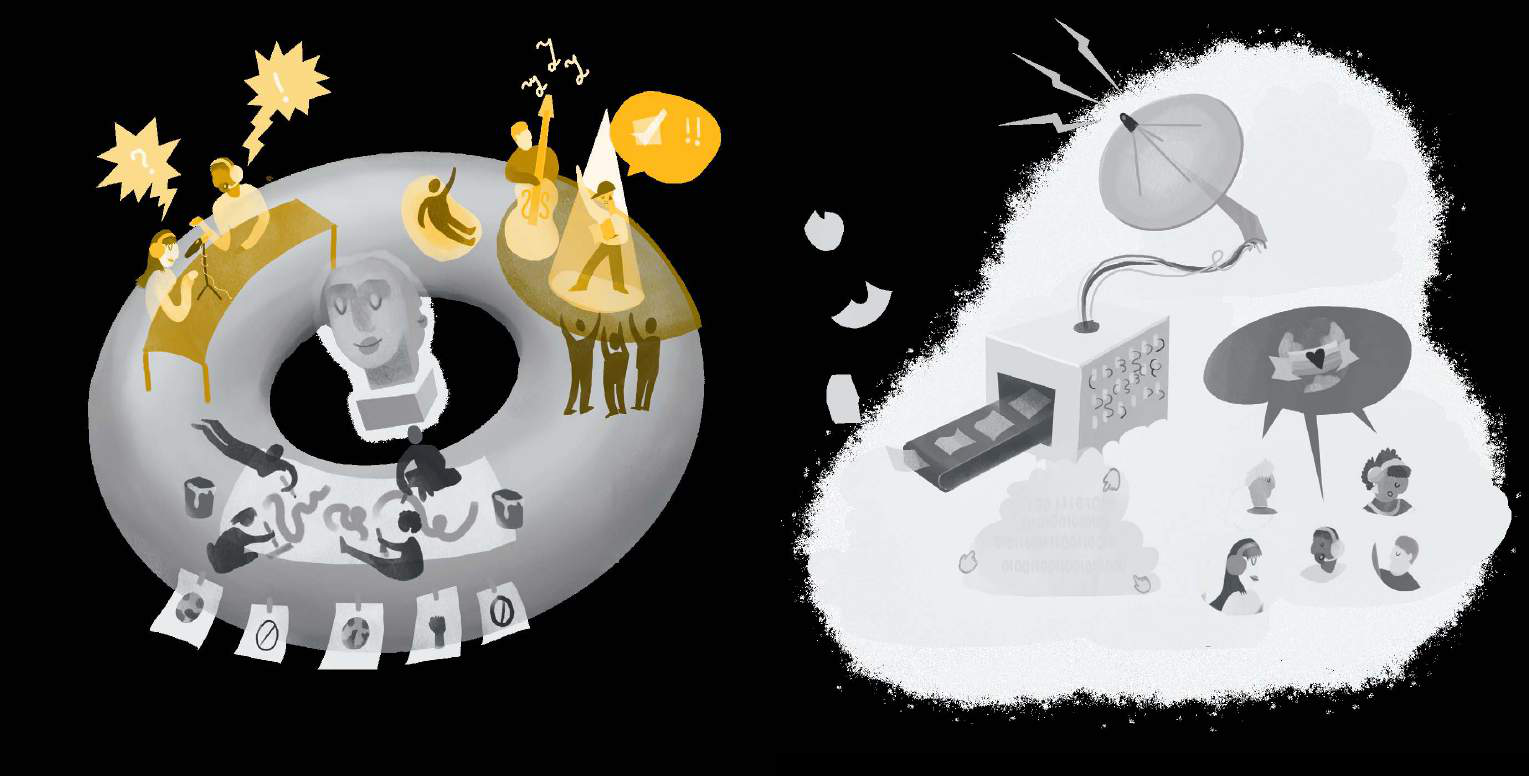 Two conceptual illustrations. Left shows people collaborating around a central figure. Right shows information processing through a large gramophone-like machine, with ideas and people around.
