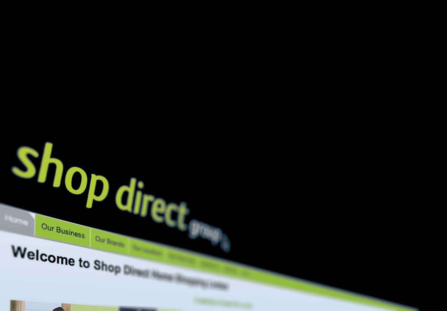 Partial screenshot of the "Shop Direct Group" website, showing the logo, navigation bar, and part of the welcome message.