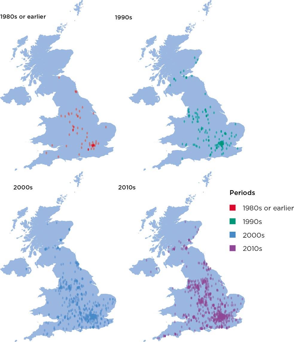 Four maps of the UK showing the distribution of entities incorporated in different decades: 1980s or earlier (red), 1990s (green), 2000s (blue), and 2010s (purple).