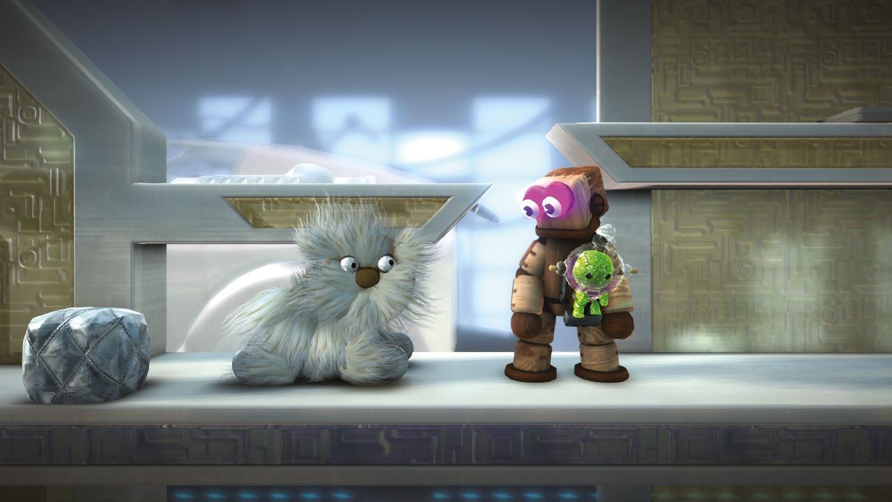 Screenshot from a video game featuring a fluffy creature and a robot-like character holding a small green alien in a futuristic setting.