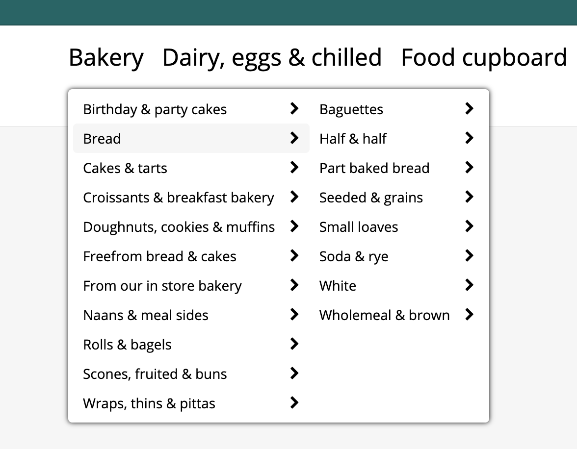 Screenshot of a grocery website showing a dropdown menu for bakery categories and sub-categories.