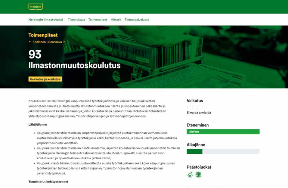 Screenshot of a Helsinki climate action webpage, displaying a count of 93 climate change trainings, with details on actions, impact, progress, and emission categories.