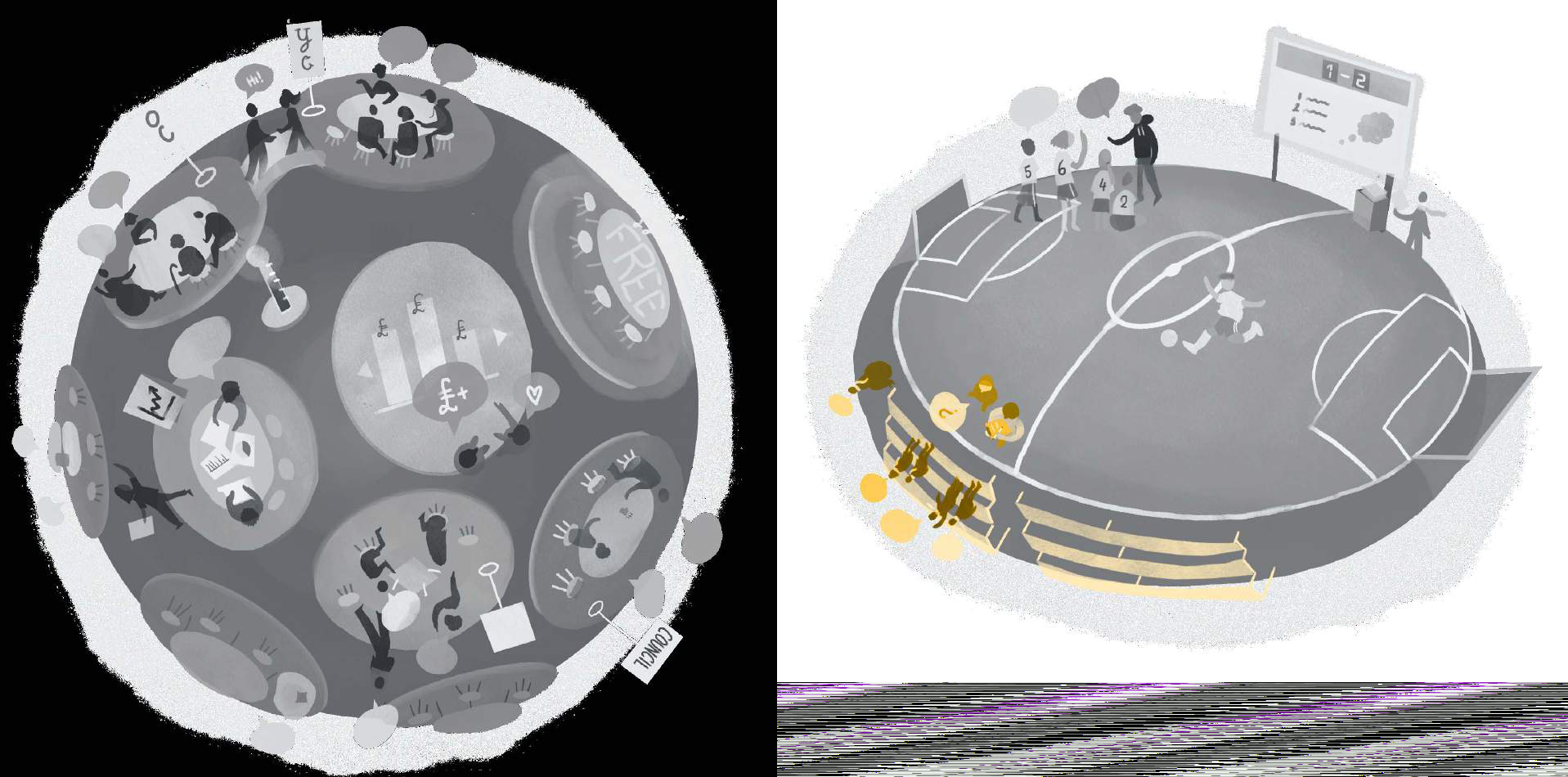 Two conceptual illustrations. Left shows a sphere with vignettes of community interactions. Right depicts a football pitch with players, a scoreboard, and spectators.