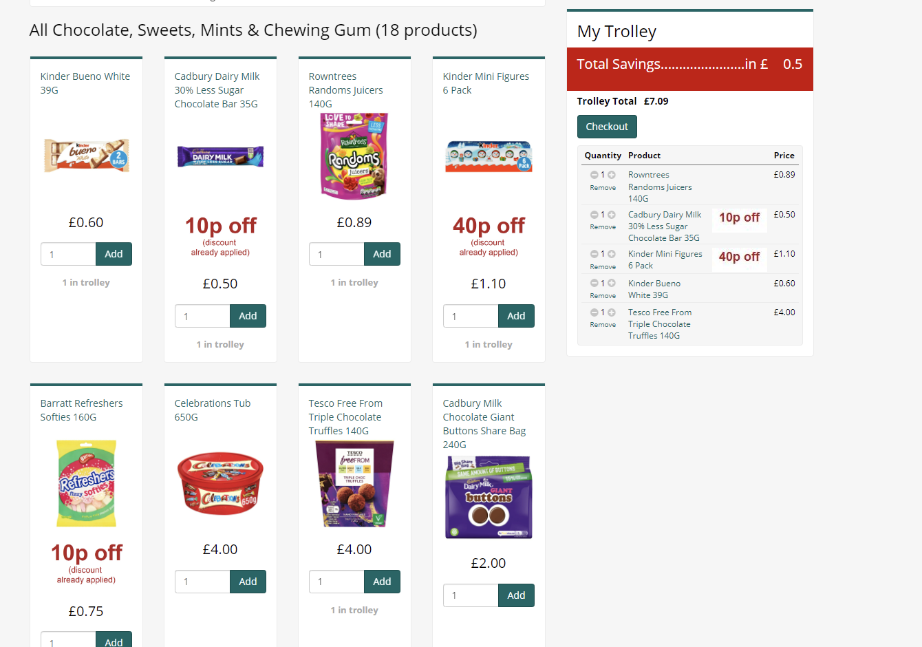 Screenshot of a grocery website showing chocolate products with prices and discounts, and a populated shopping trolley with itemized list and total.