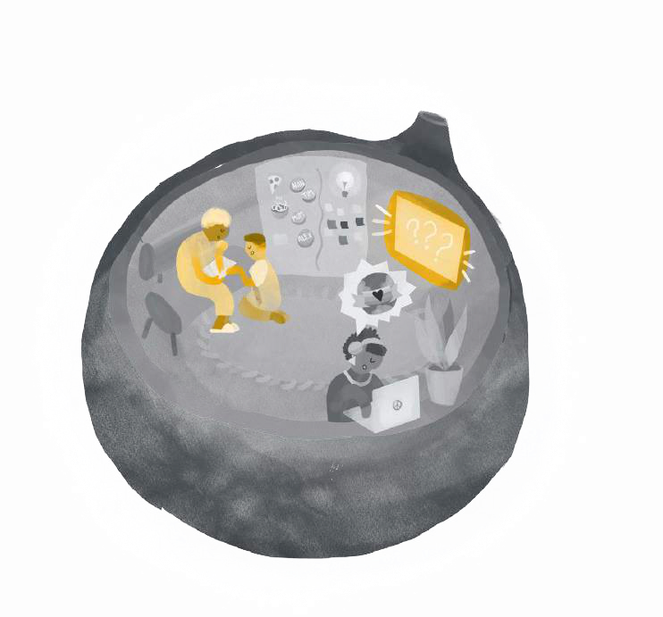 Cross-section illustration of an interior space showing an adult and child, a person on a laptop, and a wall with ideas and a screen asking "???", representing a learning environment.