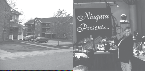 A split image showing residential buildings and parked cars on the left, and a woman standing next to a display of products under a 'Niagara Presents...' sign on the right.
