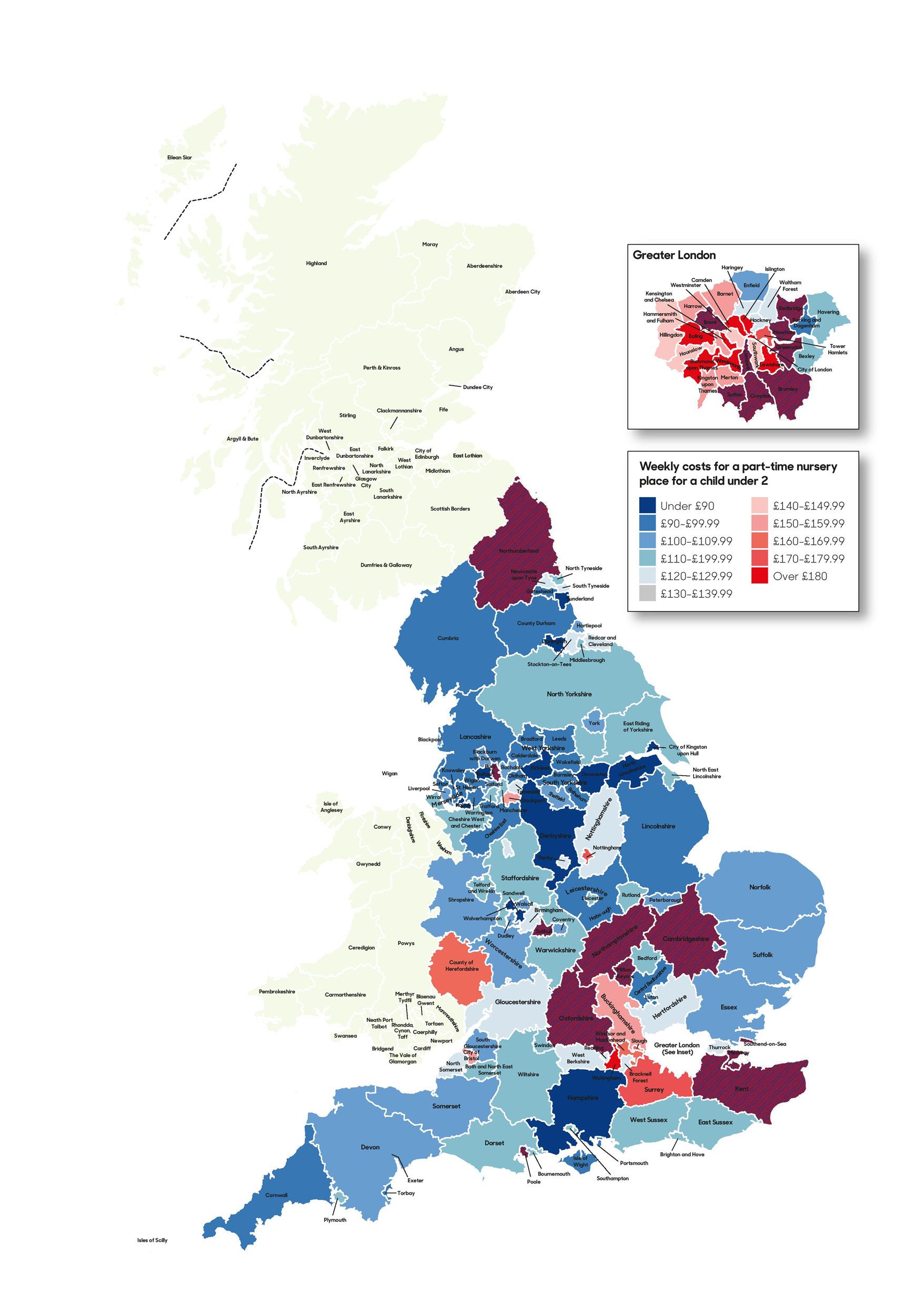 Choropleth map of England showing weekly costs for a part-time nursery place for a 2-year-old across local authorities, with a legend for cost ranges.