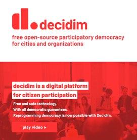 Promotional image for "Decidim," an open-source platform for participatory democracy, highlighting its features for citizen participation.