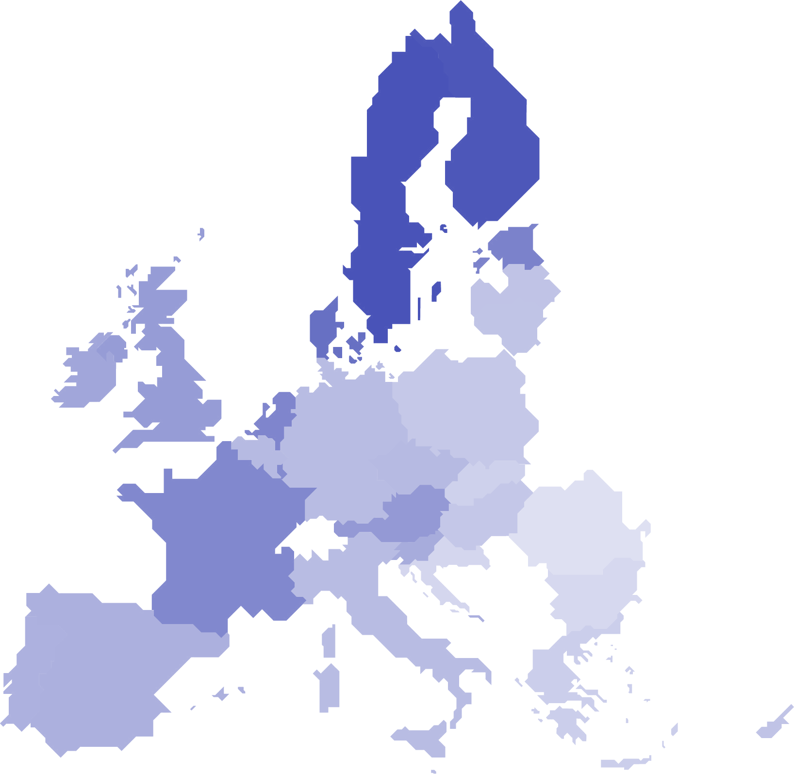 Map of Europe showing countries and regions with varying shades of blue, likely representing data across the continent.