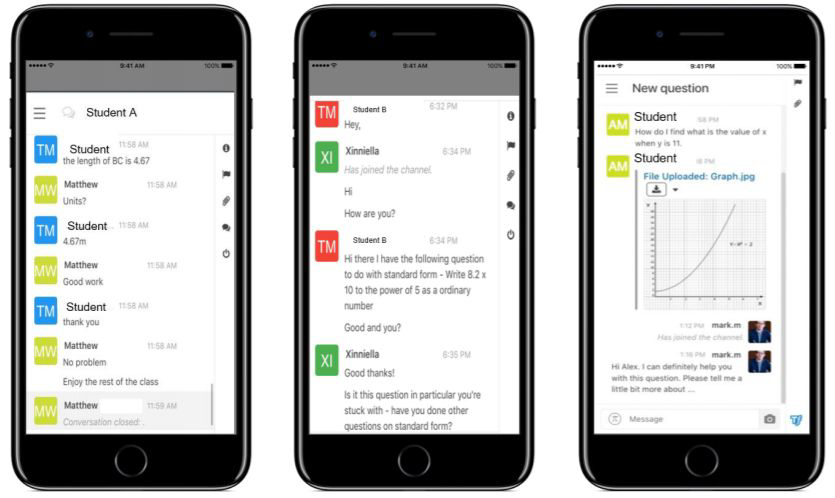 Three smartphone screenshots showing a messaging application with conversations, including text-based questions and a shared graph.