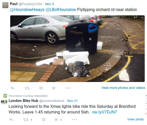 Screenshot of a Twitter feed showing two posts. The top post features an image of fly-tipped rubbish next to a street bin and parked cars, reporting an issue.