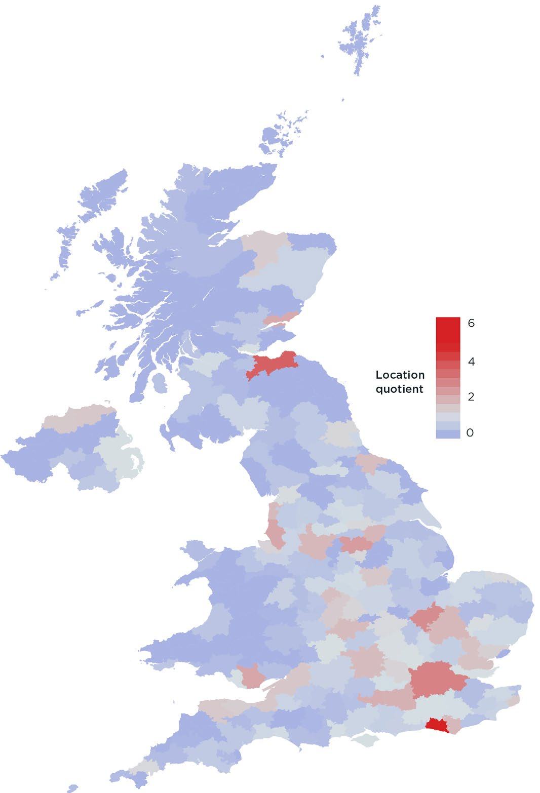 Choropleth map of the UK showing a location quotient across regions, with red indicating higher values and blue indicating lower values.