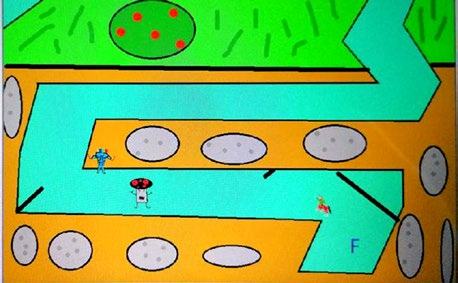 Screenshot of a colorful digital game or interactive map with winding paths, cartoon characters, and various environmental elements like trees.