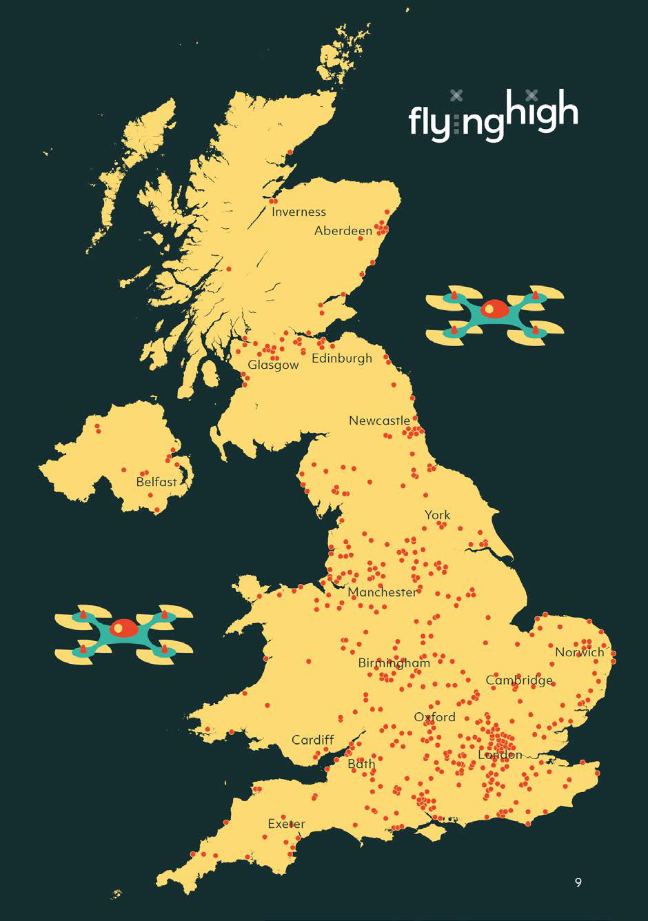Map of the UK and Ireland displaying major cities and numerous red dots, indicating locations or service areas for 'flyinghigh' drones.