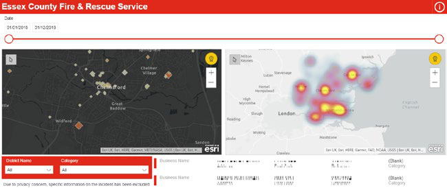 Screenshot of the Essex County Fire & Rescue Service interface showing a point map of Chelmsford incidents and a heatmap indicating incident density across London and southeast England.