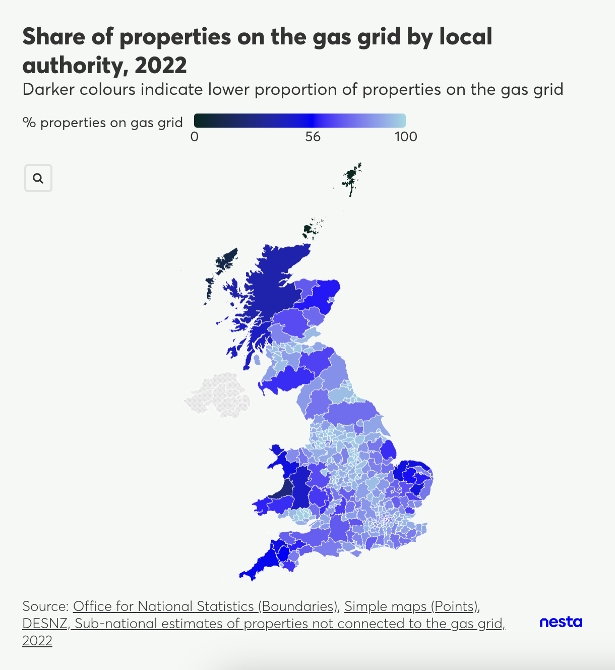 Choropleth map of the UK showing the share of properties on the gas grid by local authority in 2022, with darker blues indicating fewer properties on the grid.