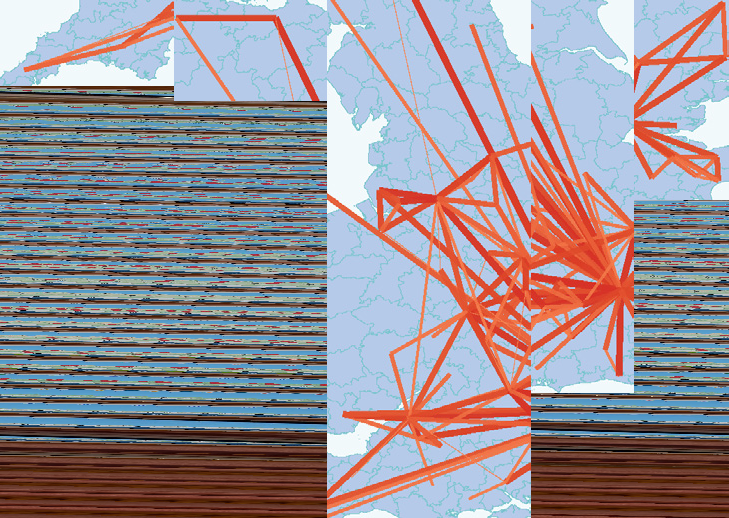 Map of the UK and Ireland showing orange lines representing connections between regions, with some visual artifacts.