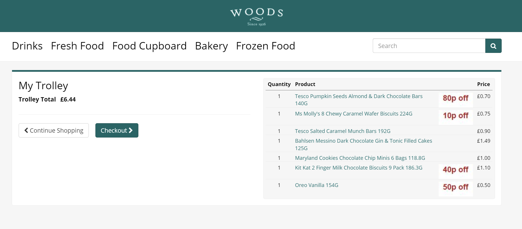 Screenshot of an online shopping trolley showing item quantities, product names, prices, and a total of £6.44.