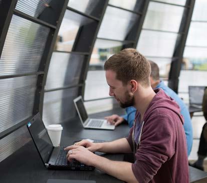 Two men working on laptops at a counter in a modern space with distinctive wavy translucent walls.