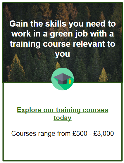 Screenshot of a green job training advertisement featuring a forest background, text, and a graduation cap icon.