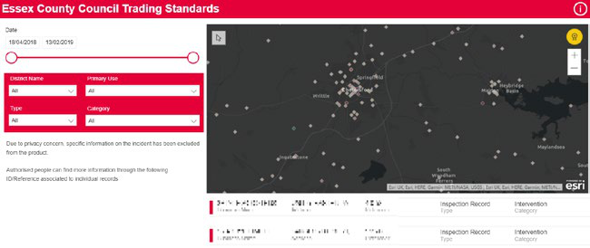 Screenshot of the Essex County Council Trading Standards interface displaying a map with data points representing trading standards incidents, accompanied by various filters.