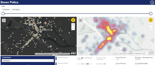 Screenshot of the Essex Police interface showing a point map of Chelmsford crime incidents and a heatmap illustrating crime density in the Chelmsford area.