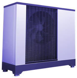 A large outdoor air conditioning or heat pump unit, white with a dark grey grille on one side.