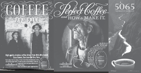 Three black and white advertisements for cafédirect coffee. The first shows two Peruvian coffee growers, the second an elderly coffee grower, and the third a mountainous river landscape with a coffee cup, each promoting the brand.