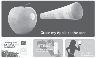Infographic advocating for Apple product sustainability and addressing e-waste, featuring an apple with a green core scale and calls to action.