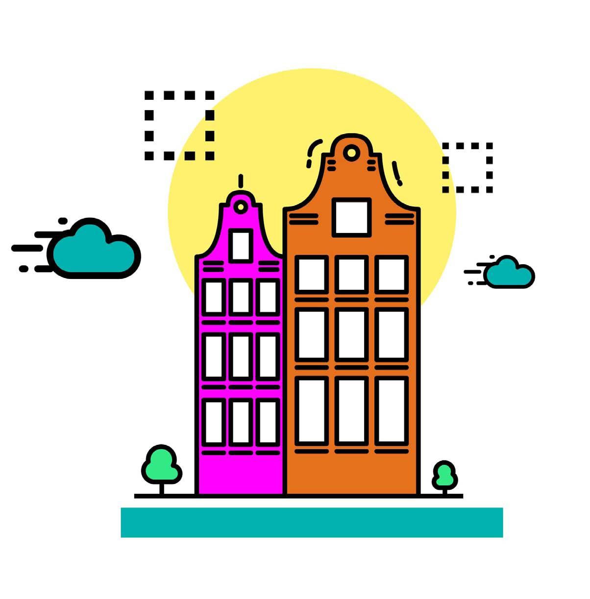 Stylized illustration of two colorful buildings, a sun, and moving clouds, with abstract dashed squares, symbolizing urban planning or architectural concepts.