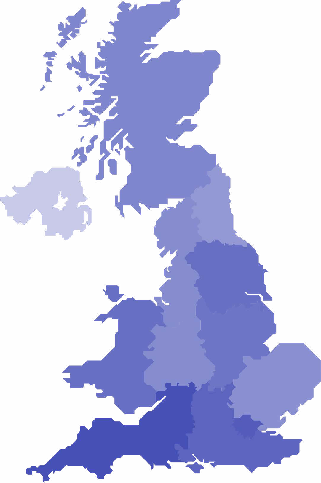 Map of the United Kingdom divided into regions with varying shades, likely representing regional data.