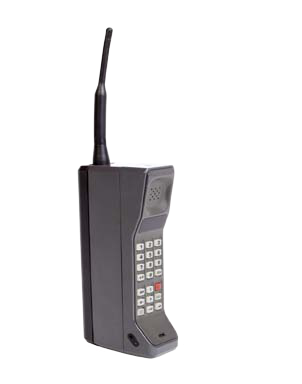 A grey, vintage "brick" mobile phone with an antenna, viewed from the side.