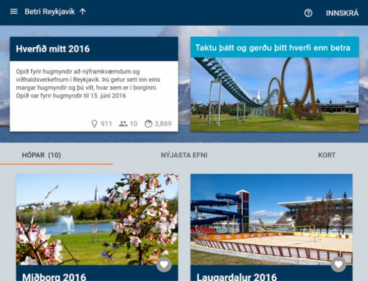 Screenshot of the "Betri Reykjavík" website displaying community engagement projects and local events.