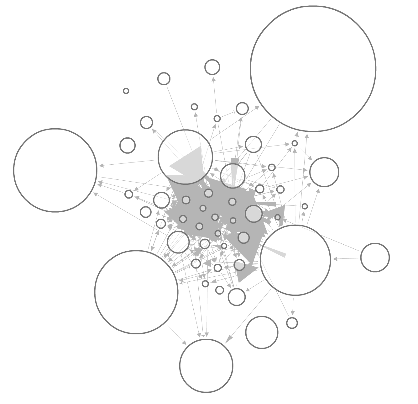 Network diagram depicting various sized circles connected by arrows, suggesting relationships and flows between nodes.