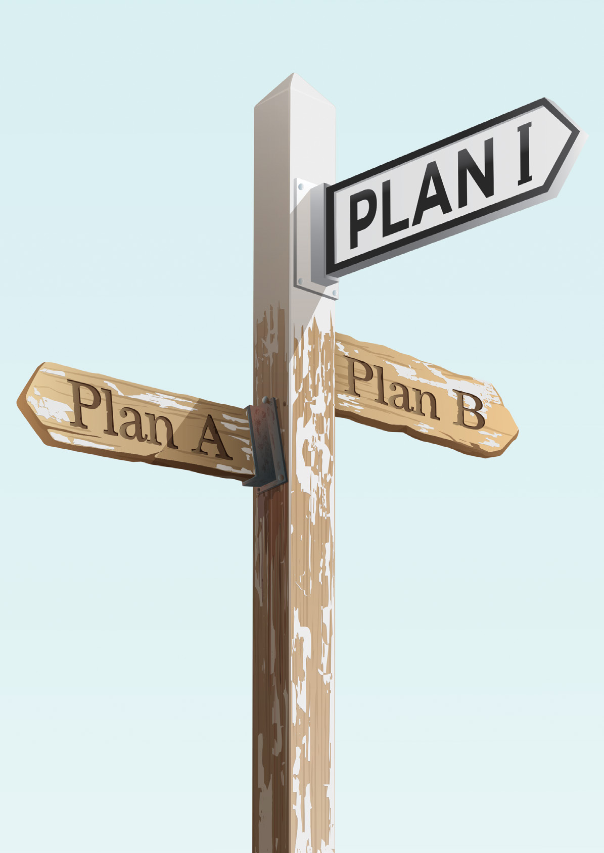 An illustration of a wooden signpost with three arrows, pointing to "PLAN I", "Plan A", and "Plan B", representing different options or directions.