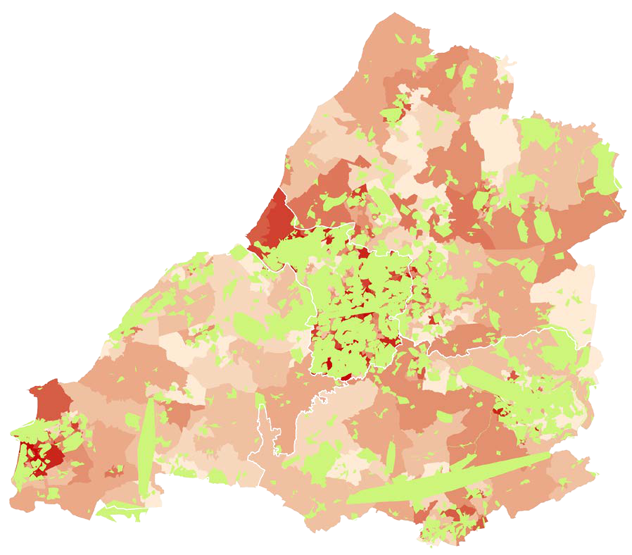 Choropleth map displaying regional data distribution across various geographical areas using red, orange, and green shades.