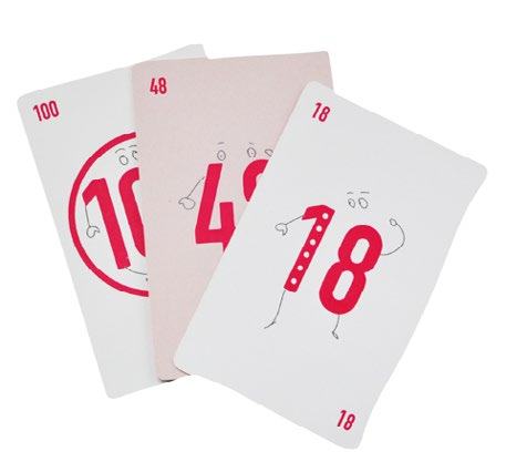 Three playing cards featuring large red numbers 100, 48, and 18, each with cartoon faces and limbs.