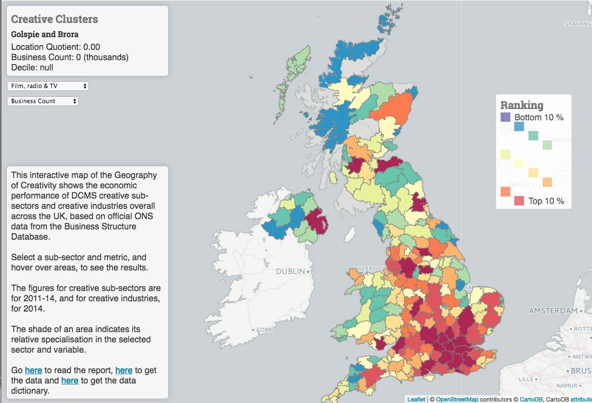 Interactive map of the UK and Ireland showing creative clusters, color-coded by economic performance in creative industries, with ranking and explanatory text.