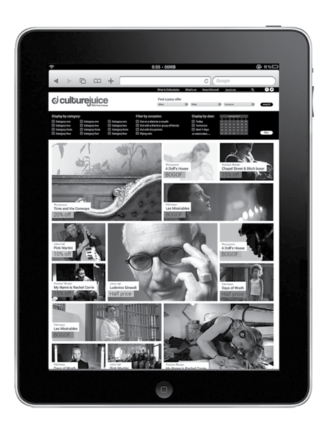 Black and white image of an iPad displaying the "culturejuice" website with various event listings and promotional offers.