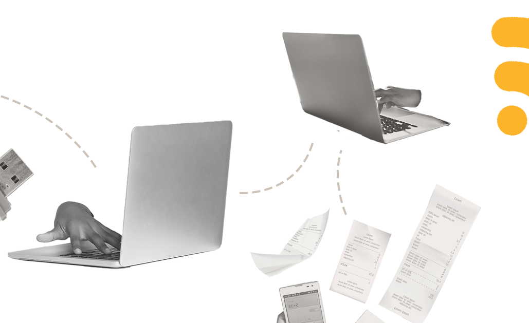 Diagram illustrating digital data flow or processing, showing hands typing on laptops, a USB drive, a smartphone, and paper receipts connected by dashed lines.