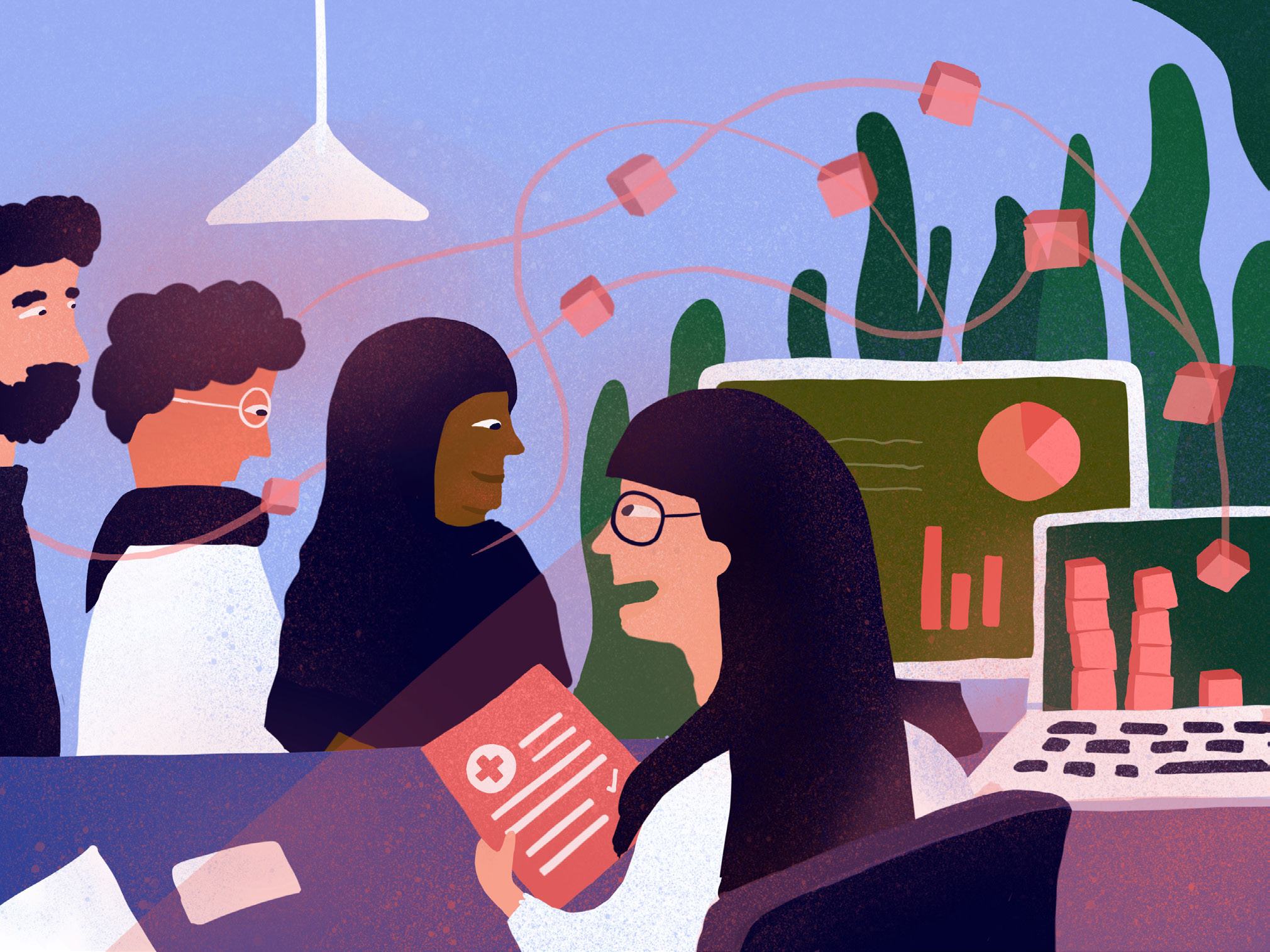 An illustration of a diverse group of people discussing data in an office, with screens displaying a pie chart and bar graph, and cubes representing information flow.