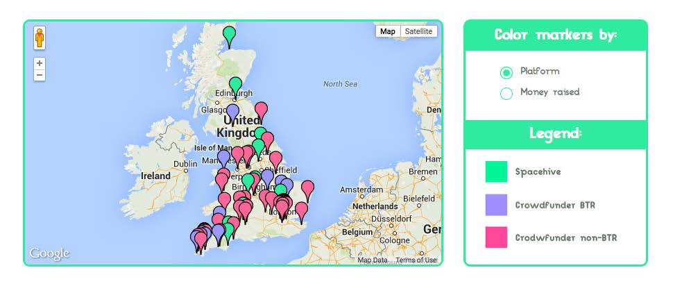 Map of the United Kingdom showing project locations categorized by platform (Spacehive, Crowdfunder BTR, Crowdfunder non-BTR) using colored pins.