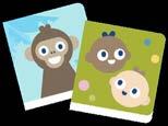 Illustration of two colorful children's picture books, one featuring a monkey and the other with two baby faces.