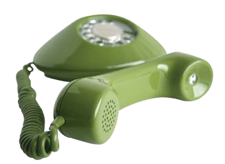 An olive green rotary telephone with the receiver resting beside the base, viewed from an angle.