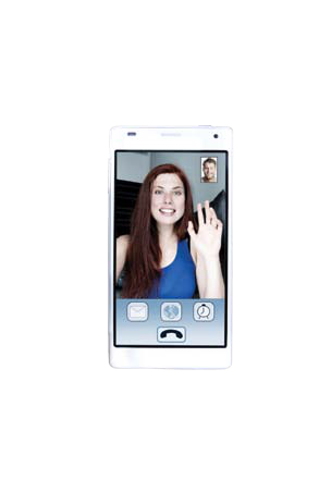 A white smartphone displaying a video call with a woman waving and a man's smaller image in the corner, with app icons below.